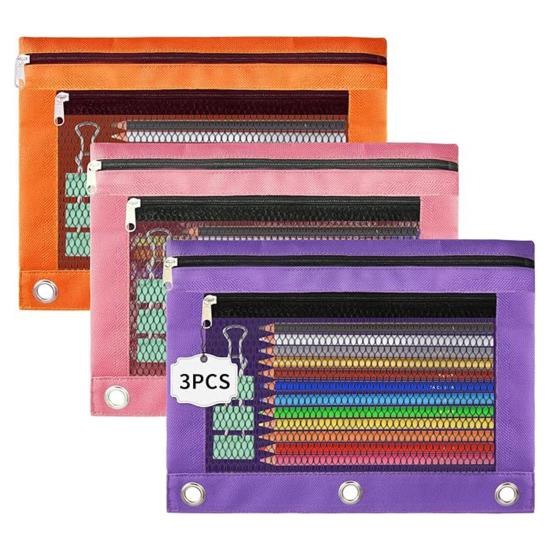 3ks Pouzdro na tužky 3 kroužkový pořadač Velkokapacitní Pouzdro na tužky Průhledné okénko