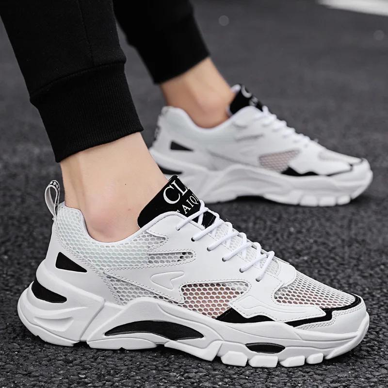 Men's White Mesh Platform Sneakers Breathable Summer Lace Up Casual Shoes Lightweight Fashion Sports Footwear