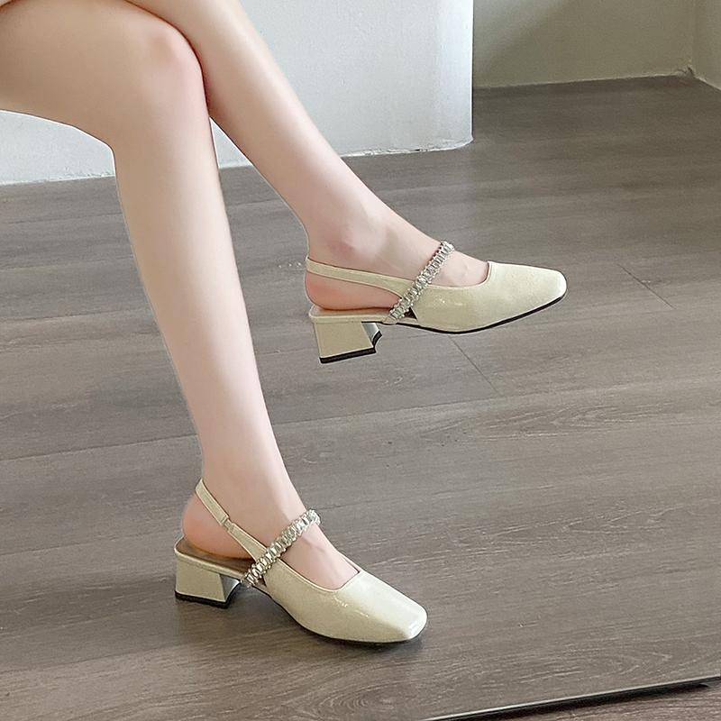 Kitten Heel Back Empty Rhinestone Mary Jane Single Shoes Women's New Spring and Summer Temperament Baotou Square Heel Sandals