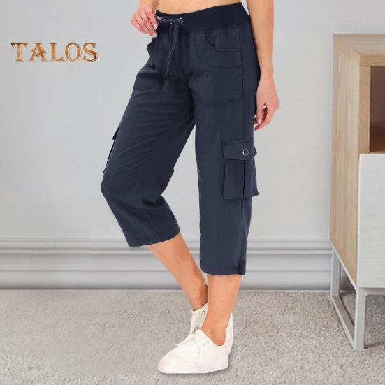 

Women Cropped Pants Elastic Waist Adjustable Drawstring Hiking Cargo Pants with Multi Pockets Solid Color Climbing Pants XL светло-синий