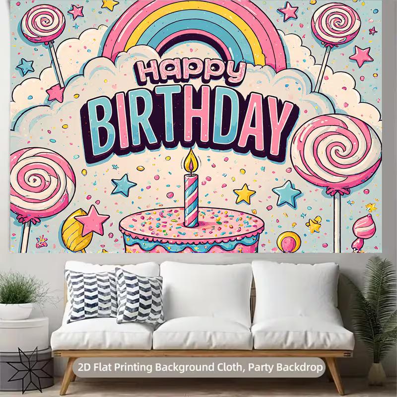 

2D Candyland Birthday Backdrop, Pastel Rainbow, Lollipops and Cake Background Cloth 47.2x31.5inch/120*80cm