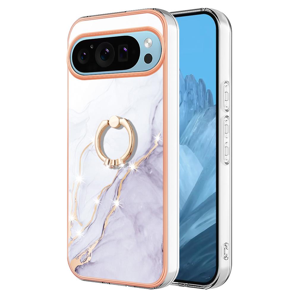 For Google Pixel 9/Pixel 9 Pro Case with Ring Kickstand Marble Pattern Electroplating TPU Back Cover