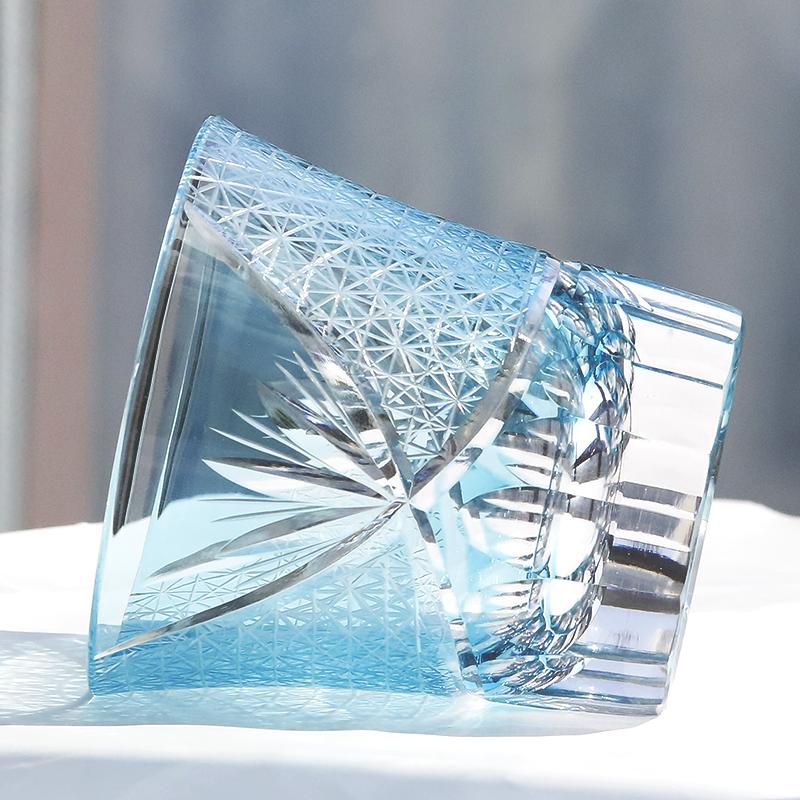 Hand Cut To Clear Colored Glass Whiskey Brandy Tumbler Sky Blue Beverages Glass Bar Table Decor