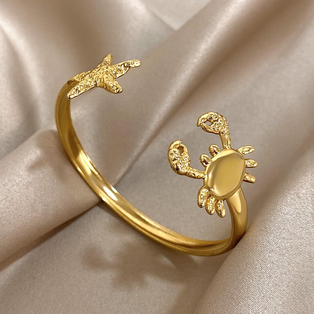 FLASHBUY Stainless Steel Open Bangle for Women and Men, Wrist Zircon, Starfish, Crab, Gold Color, Vintage Trend
