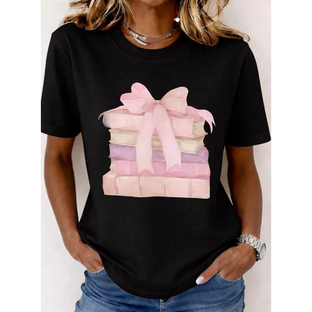 Fashion Women Retro Creative Pink Bow Book Print T Shirt Funny Casual O-neck Short Sleeves T-shirt Summer Female Tee Shirt