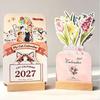 2027 Süße Katze Blühende Blumen Schreibtisch Schreibtischkalender Holzsockel 12 Malerei Kunstkarten Monatsplaner Home Office Schuldekor