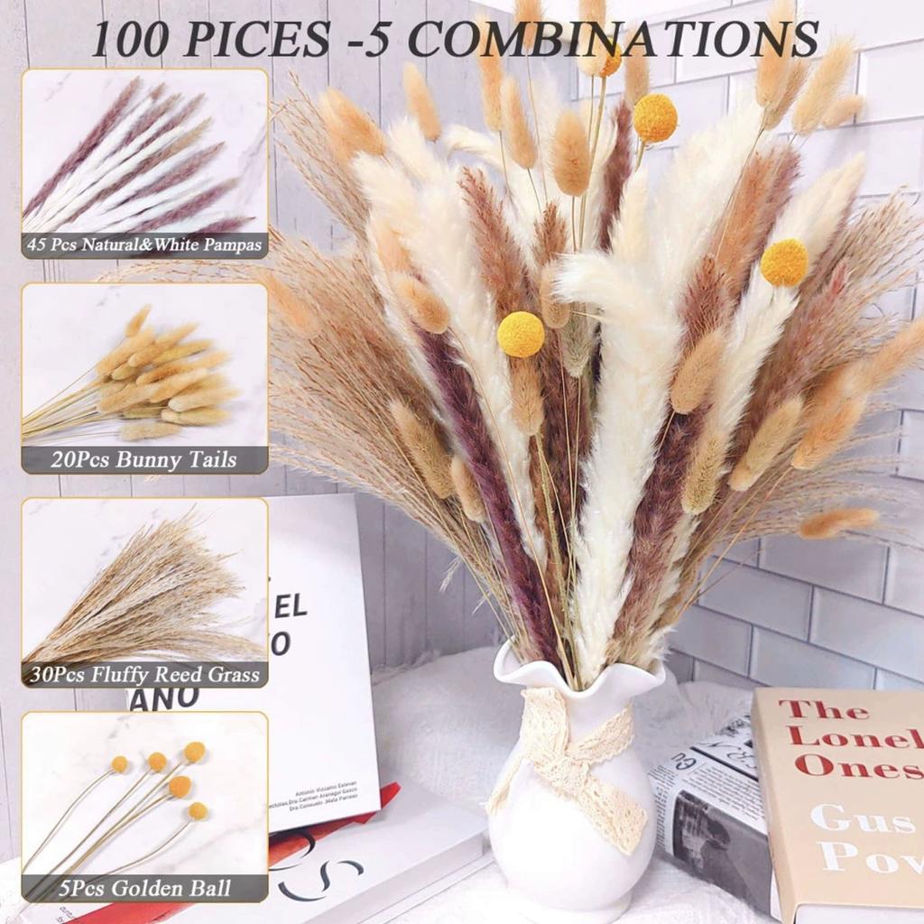 Dried Pampas Grass Decor, 100 PCS Pampas Grass Contains Bunny Tails Dried Flowers, Reed Grass Bouquet for Wedding Boho Flowers Home Table Decor