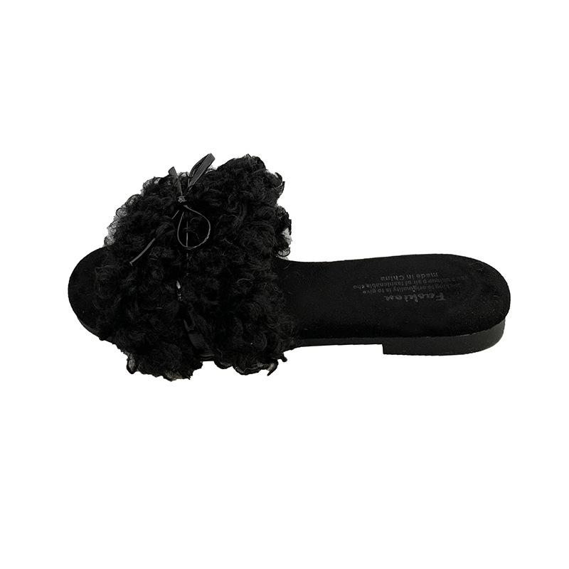 Versatile retro style flat head slope heel fluffy shoes women's autumn and winter fashion outer wear versatile flat heel casual one-word slippers