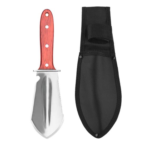 Zahradní lopatka 4 v 1 se zoubkovanou hranou Nerezový řezač s dřevěnou rukojetí Pochva Multifunkční lopatka pro sázení Řezání Kempování