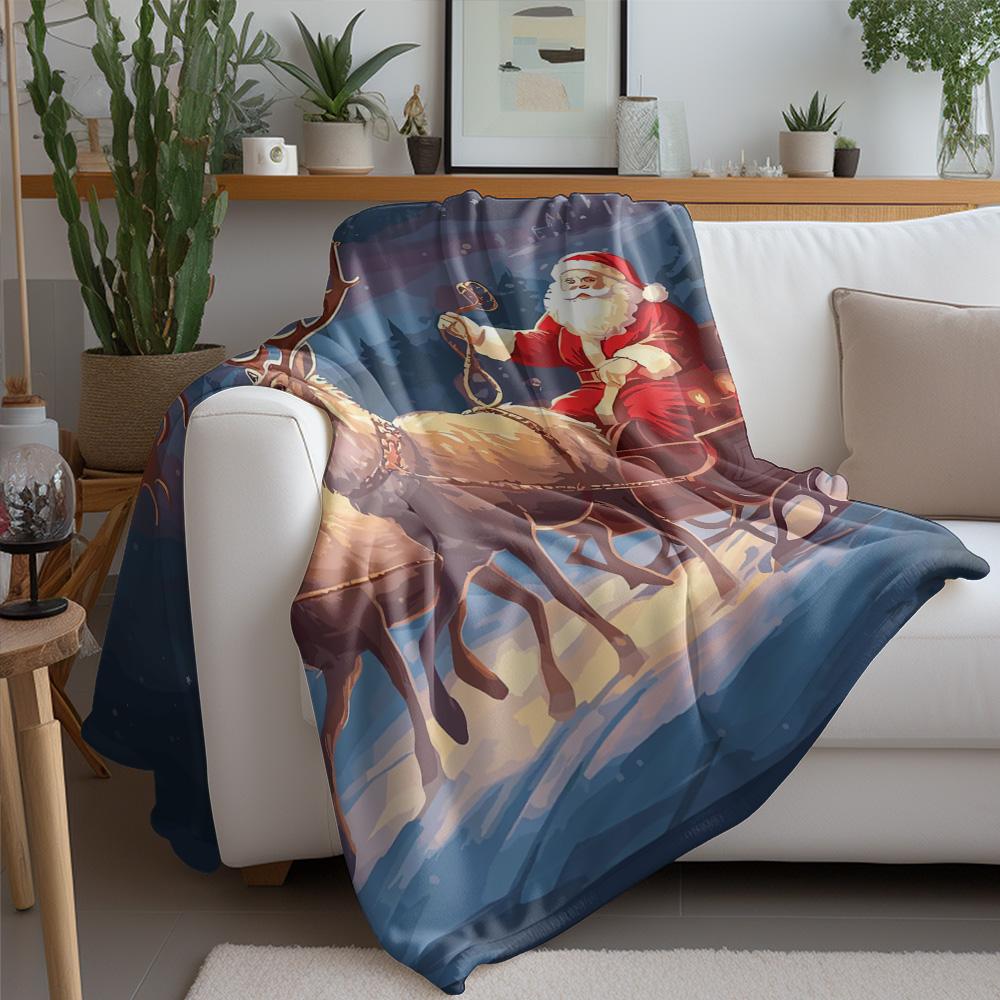 Tuniu Christmas Santa Sleigh Ride Fleece Blanket for Sofa Bed Bedroom Living Room Decoration Warm Soft Gift