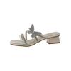 2025 new one-word strap medium heel versatile trendy rhinestone sandals beautiful fairy style silver butterfly thick heel slippers woman