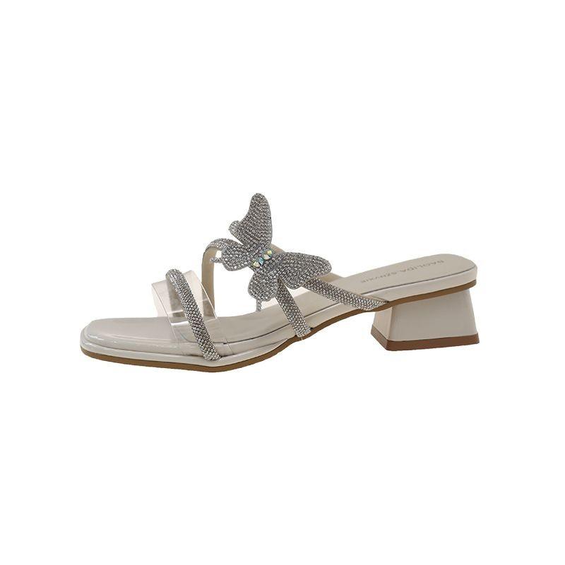 2025 new one-word strap medium heel versatile trendy rhinestone sandals beautiful fairy style silver butterfly thick heel slippers woman