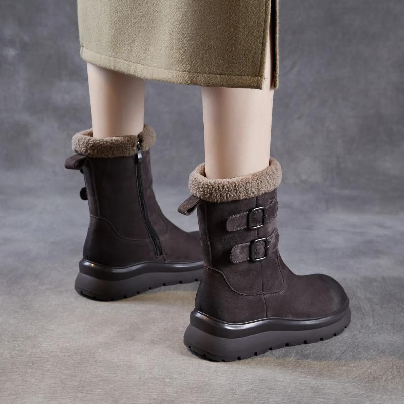 Johnature Anti Slip Thick Soled Snow Boots Belt Buckle Plush Warm Genuine Leather Women's Mid-calf Boots