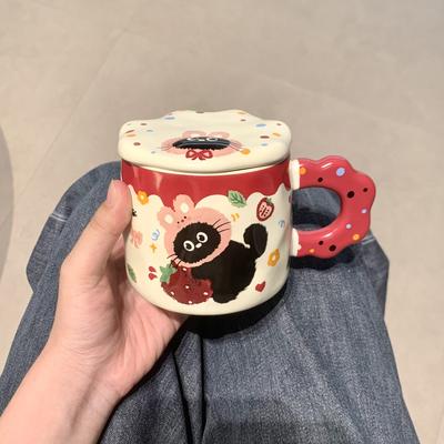 Cat Mug with Lid Cute Cup High Value Ceramic Water Cup Home Coffee Breakfast Cup Children's Souvenir