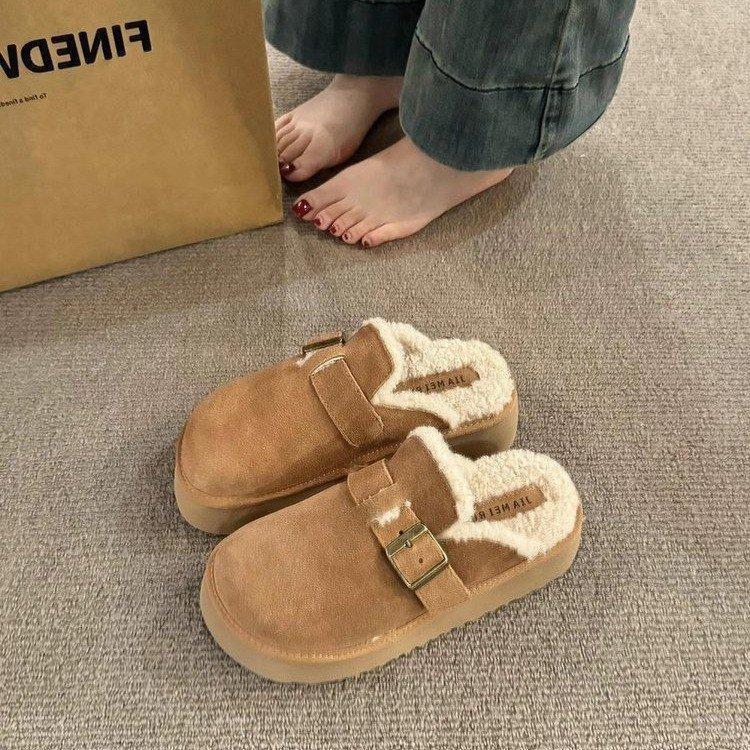 Cowhide version! Thick-soled snow boots increase the height of the bag head and half-drag women's autumn and winter new warm and thickened plush B