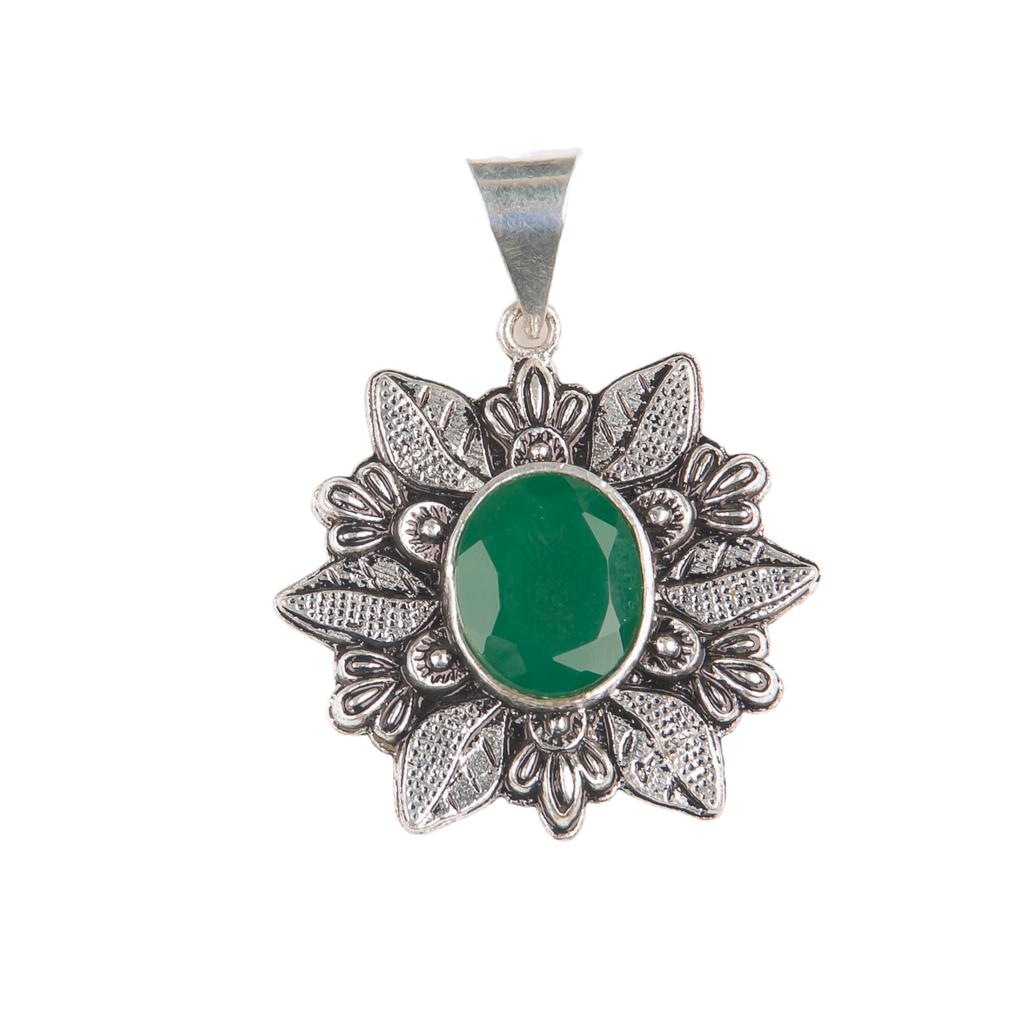 Facettierter Grüner Onyx Edelstein 925 Sterlingsilber Schmuck Handgefertigter Anhänger 1.59" CP-14-10
