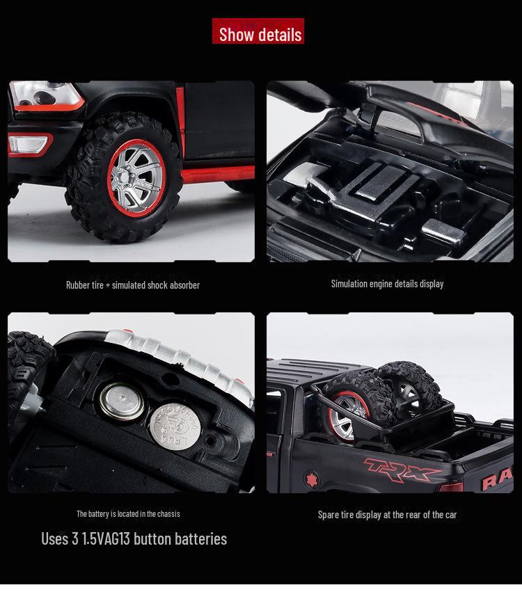 1:32 Dodge Ram TRX Pickup Truck Model - Alloy Toy Car with Sound, Light, and Pull-Back Door for Kids