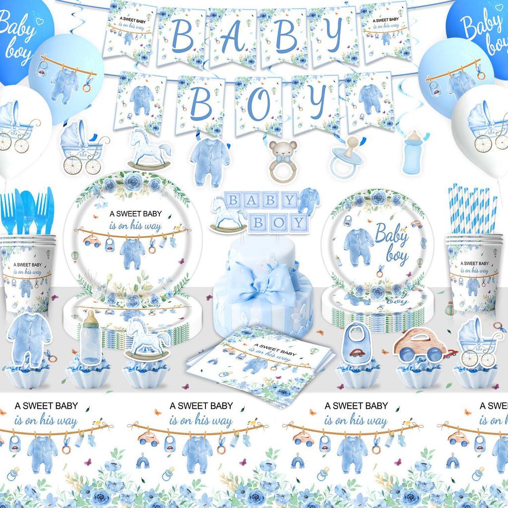 Baby Christening Party Set: Disposable Plates, Napkins, Tablecloth, and Banners