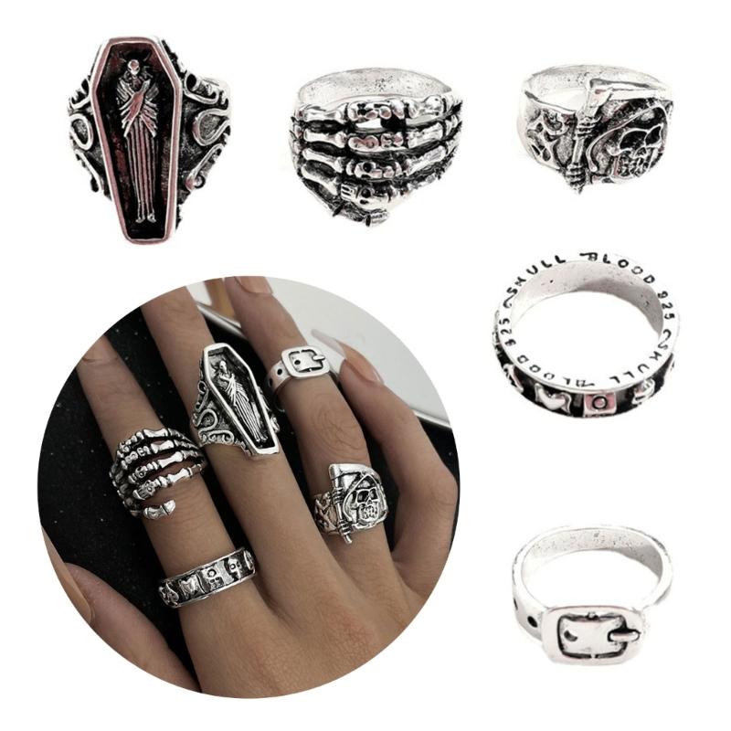 1 Set Gothic Skull Rings Set for Women Men Antique Silver Metal Skeleton Skull Belt Buckle Finger Ring Punk Jewelry