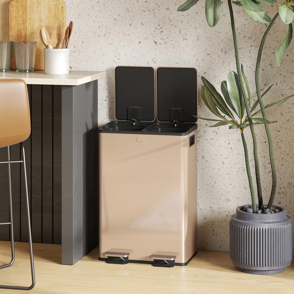 Kitchen Bin, 2-Compartment, 2 x 28 L, Stainless Steel, Soft-Close, 45.8 x 36 x 67.6 cm, Gold