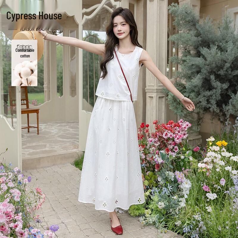 Sibaishe Women s Elegant Sleeveless Cotton Two-Piece Skirt Set M