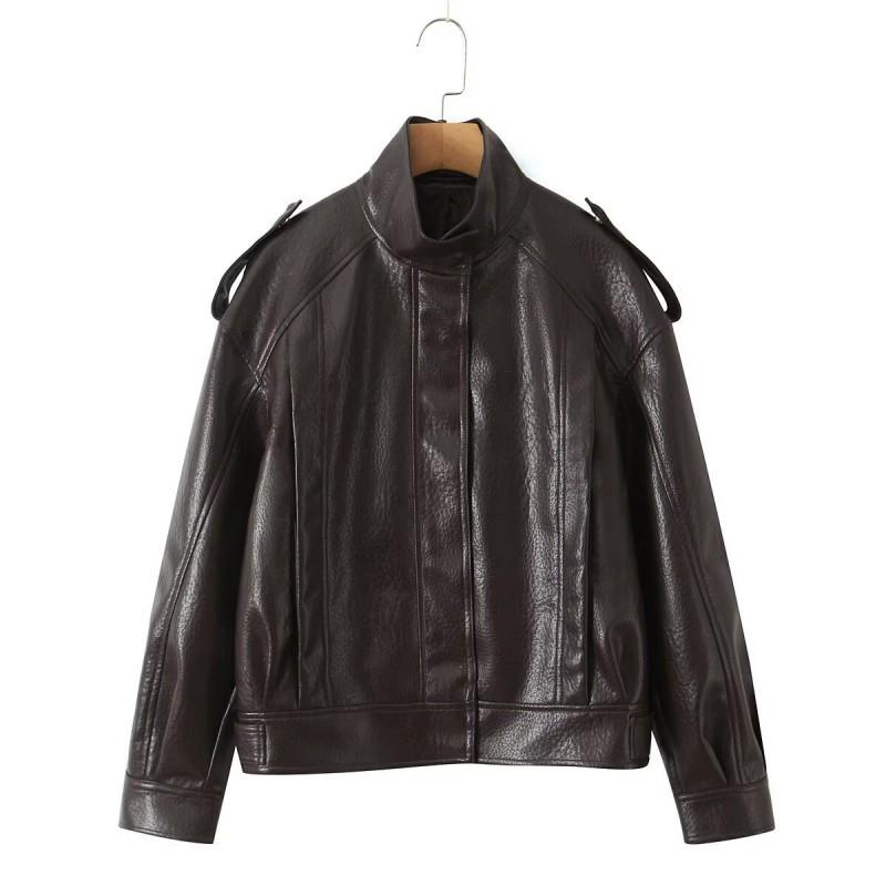 Womens Winter PU Faux Leather Jacket Loose Fit Stand Collar Zipper Coat Casual Chic Outerwear