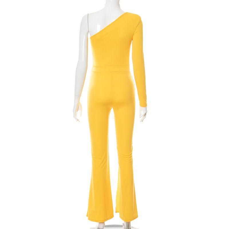 Fashion Women's New Autumn New Fashion Pure Color One Shoulder Mesh Patchwork Skinny Leg Sexy Siamese Pants Jumpsuits
