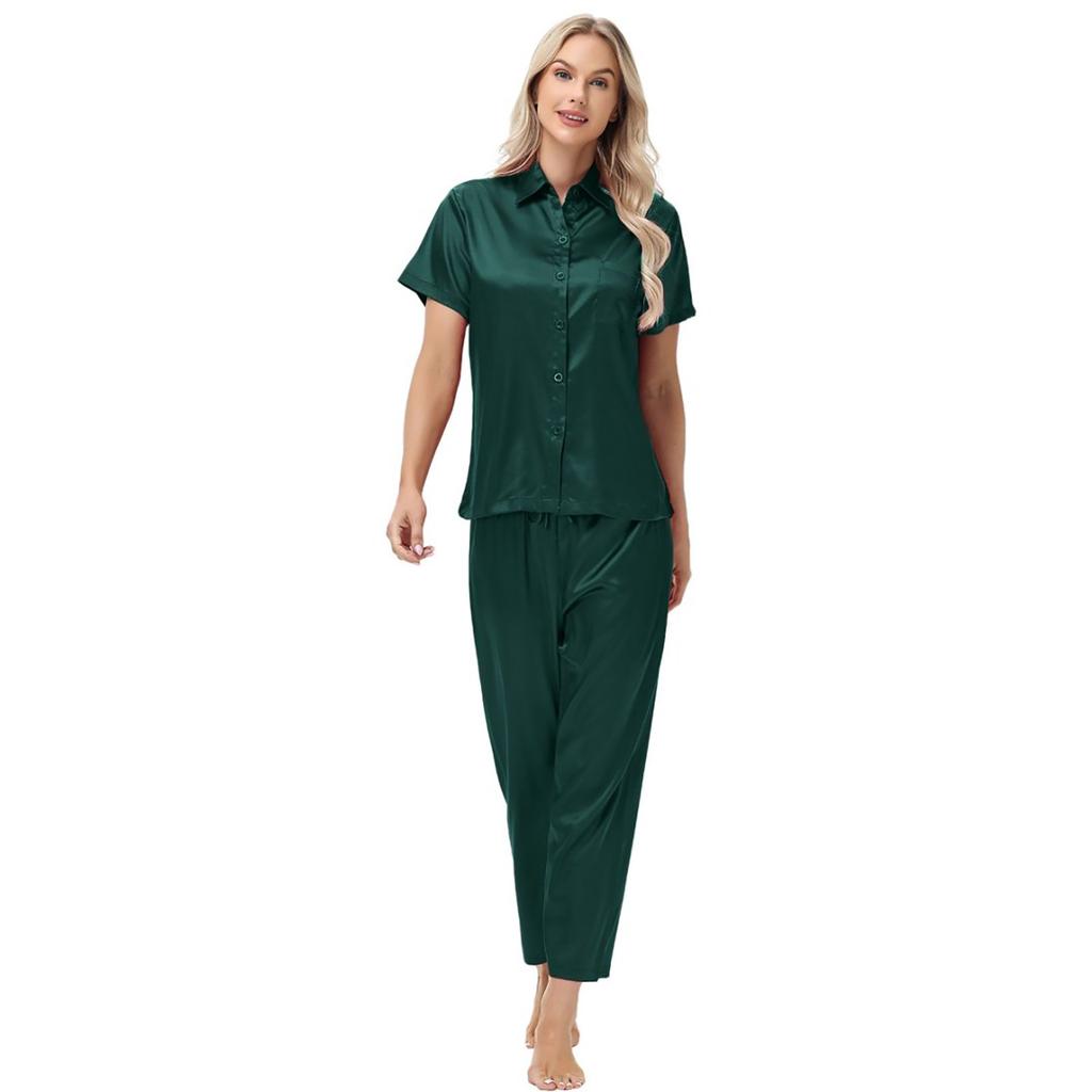 Shirt Ice Silk Pajamas Satin Suit Short Sleeve Long Pants Ladies Home Clothes