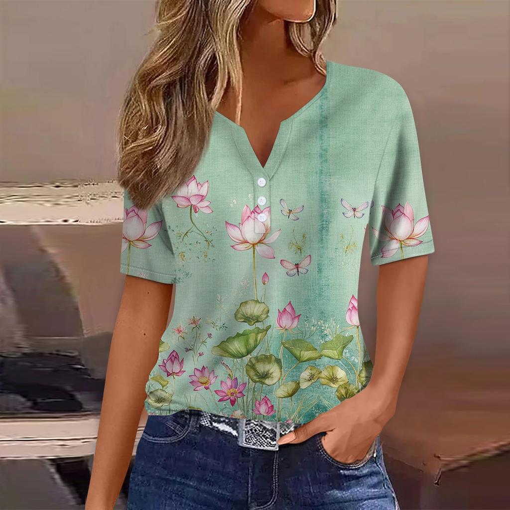 Tricou de damă Tricou imprimat cu buton cu mânecă scurtă, zilnic, la modă de weekend, de bază, cu decolteu în V, obișnuit