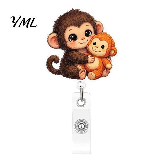 Easy Pull Keychain for Office Retractable Badge Holder, Cute Monkey Pattern Print 360 Degree Rotating Cartoon Access Card Reel Clip, Acrylic