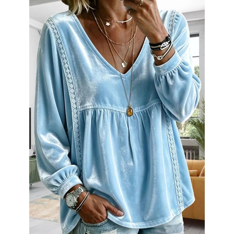 Womens V-Neck Velvet Loose Long Sleeve Top - Soft Casual Shirt In Solid Colors 2026