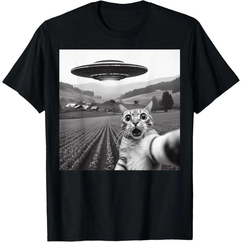 Gatto Selfy con UFO Alieno Regali Divertenti per Gatti per Uomo Donna Bambino Maglietta