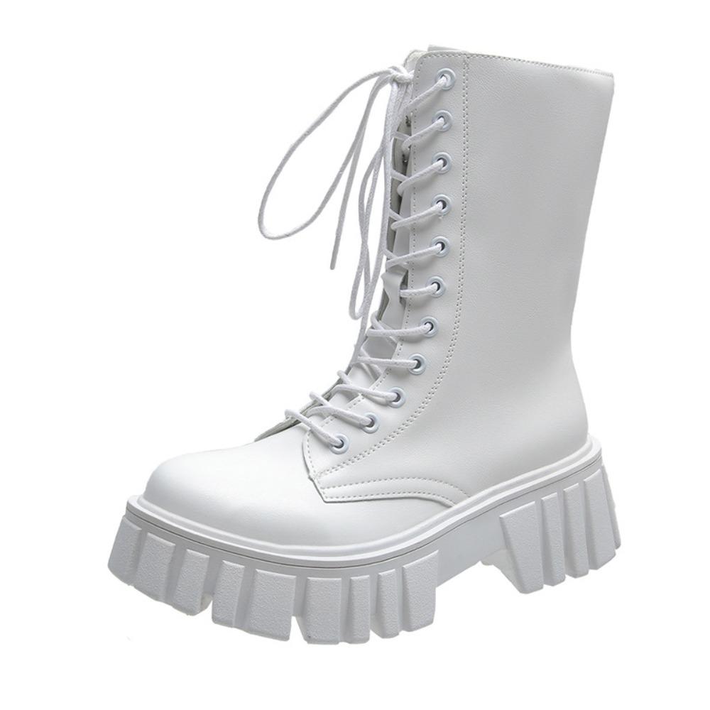 Women's Boots Fashion Mid Calf Boot PU Leather Casual Boots Non-Slip Platform Boots for Women Lace Up Ankle Boot