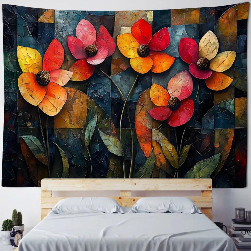 Bohemian Bed Sheet Dormitory Living Room Bedroom Decoration Floral Oil Painting Tapestry Nordic Style Hippie Carpet Wall Hanging