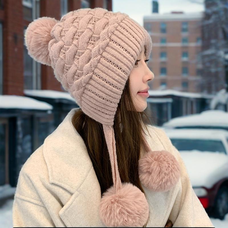 Lazy Wind Thickened Double-layer Ear Protection and Cold-proof Three-fur Ball Rabbit Fur Hat Plus Velvet Face Protection Knitted Hat