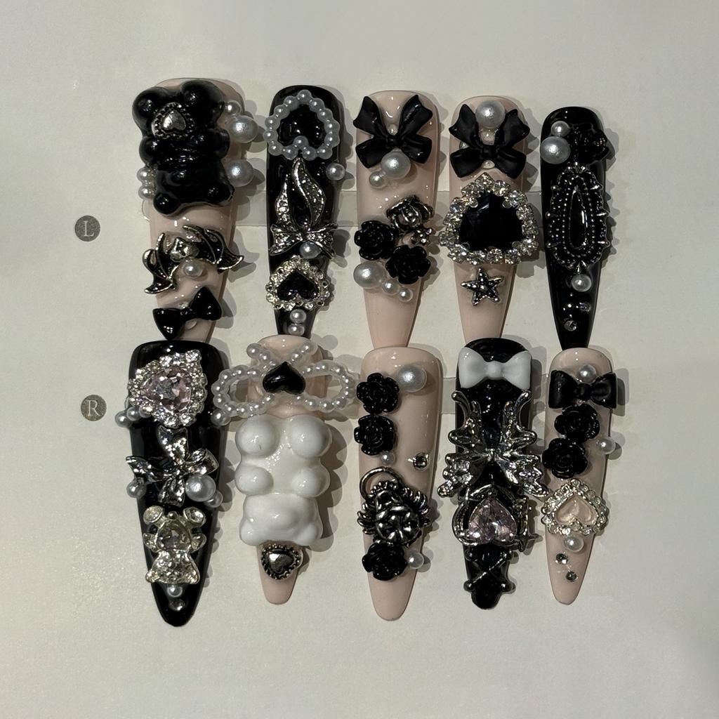 10Pcs Black Sweet Press On Nails Pink Diamond Pearl Heart Bow Cat Claw Long Stiletto False Nails