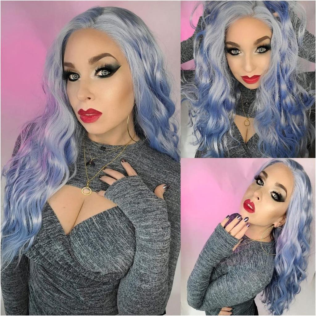 Blue Wavy 13×4 Lace Front Wig Long Hair Ice Blue Wigs for Women Heat Resistant Hair Daily Use Cosplay Party Halloween Wig 24inch