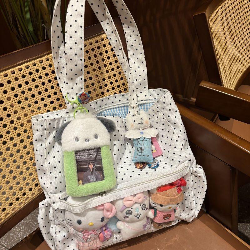 Polka Dot Anime Ita Bag: Large Capacity Canvas Tote with Versatile Shoulder Strap - Korean Style