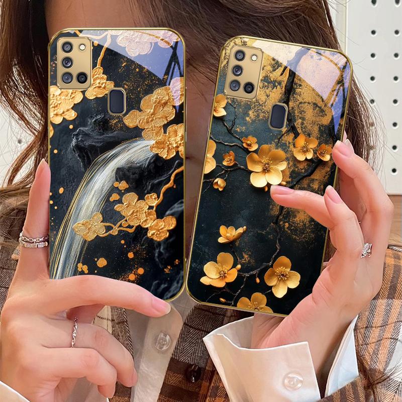 Goldener Zweig For Samsung A 31 32 A33 A34 35 14 A15 13 16 25 26 50 52 53 54 55 56 70 71 72 73 Goldene Glas-Handyhülle