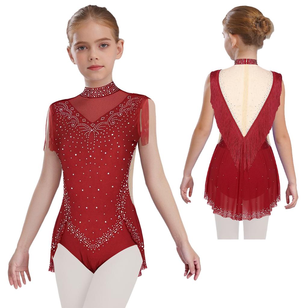 Girls Dance Costume - Shiny Rhinestone Leotard with Sheer Mesh, Invisible Back Zipper & Attached Tassel Skirt
