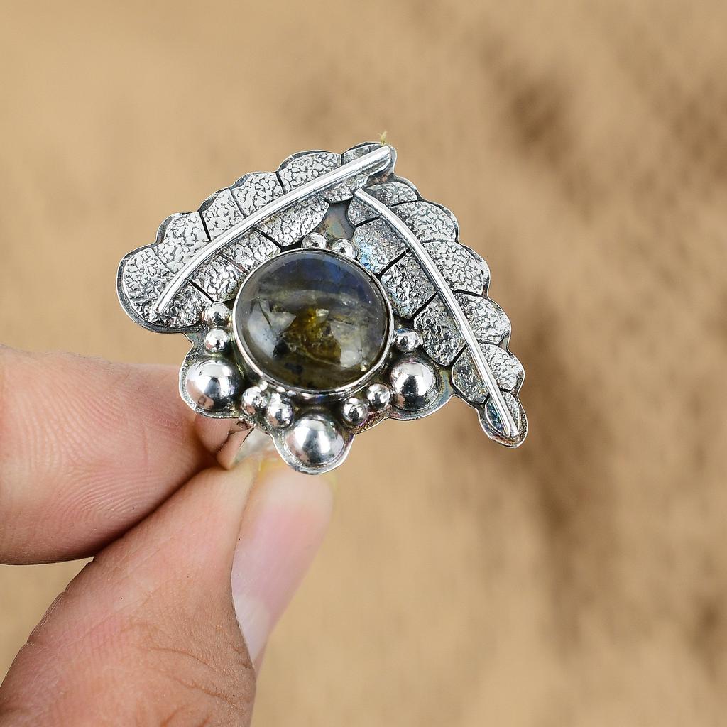 Sterling Silver Round Natural Labradorite Promise Wife Handmade Handcrafted Ring