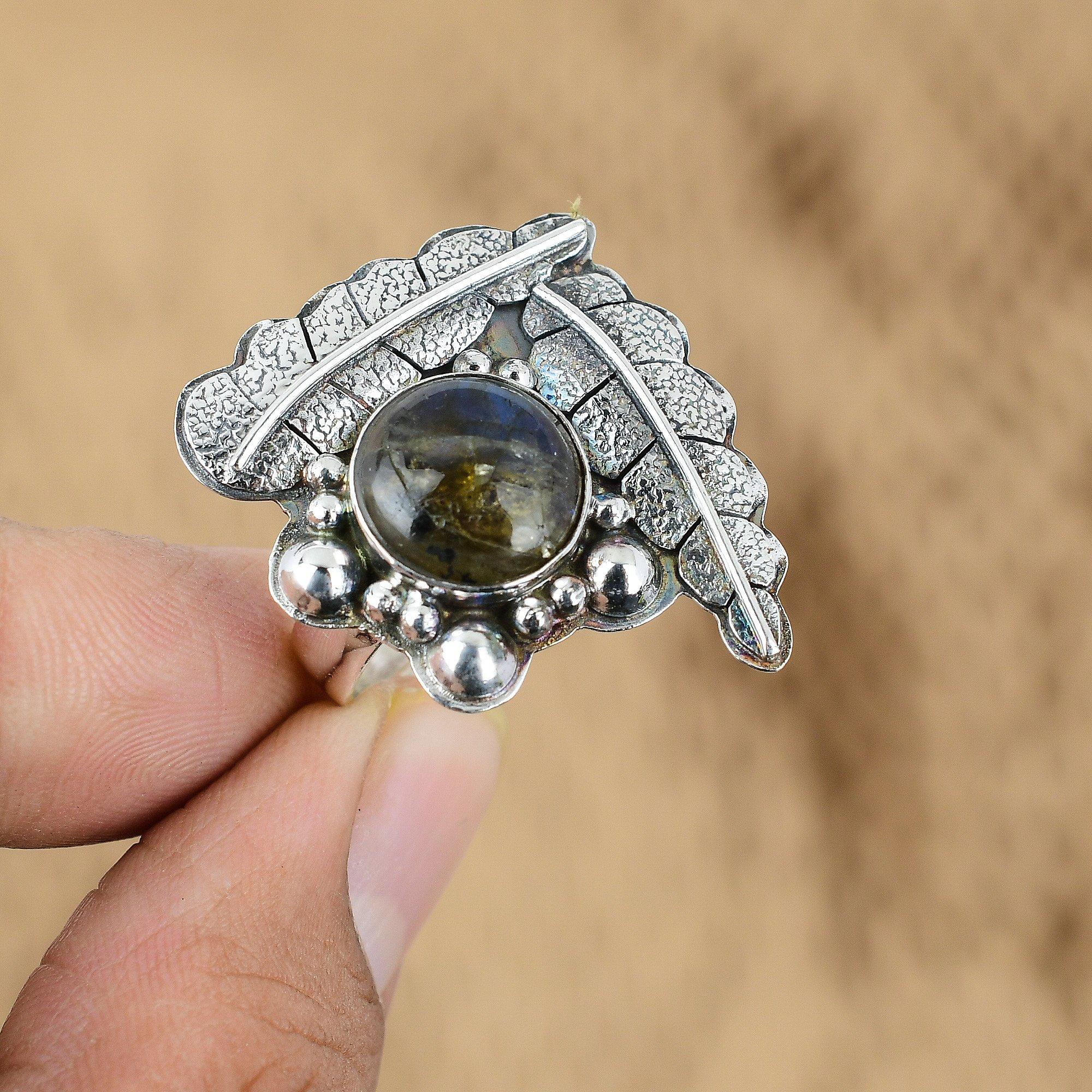 

Sterling Silver Round Natural Labradorite Promise Wife Handmade Handcrafted Ring Yes