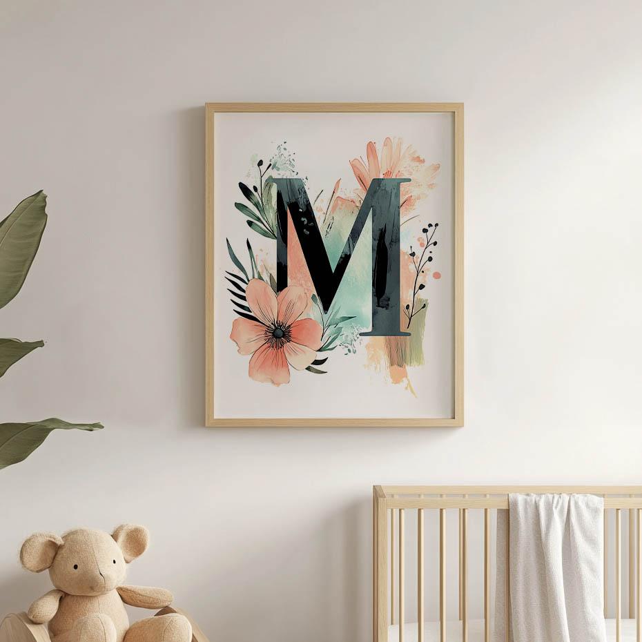 Plakat Litera "M" W Kolorowych Kwiatach I Liściach Plakat Litera "M" W Kolorowych Kwiatach I Liściach, 50X70 Cm, Bez Ramy, Papier Matowy 230 Gsm