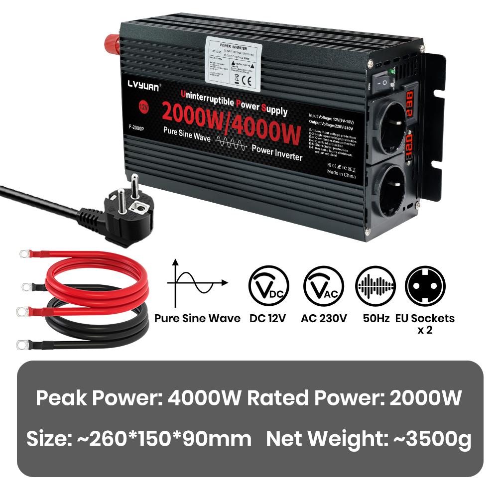 UPS Inverter 2000W/4000W Pure Sine Wave Inverter DC12V 24V to AC110V 220V Uninterruptible Power Supply 15A/8A Charging Current 12V-220V EU 50Hz