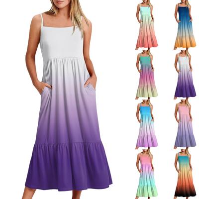 Women's Long Beach Casual Elegant Spaghetti Strap Maxi Dress Gradient Color Low-key Flowing Bohemian Dress