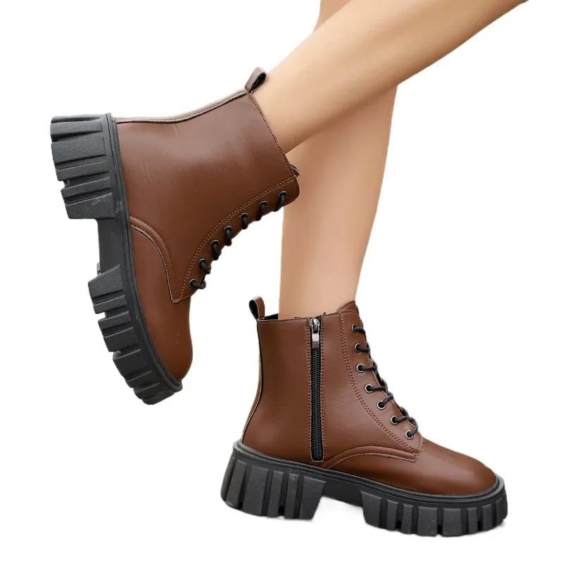 

Модная женская обувь 2024 года, большие размеры, современные женские ботинки, ботильоны на платформе, женские, с круглым носком, боковой молнией, квадратным каблуком, со шнуровкой, женские 42 коричневый