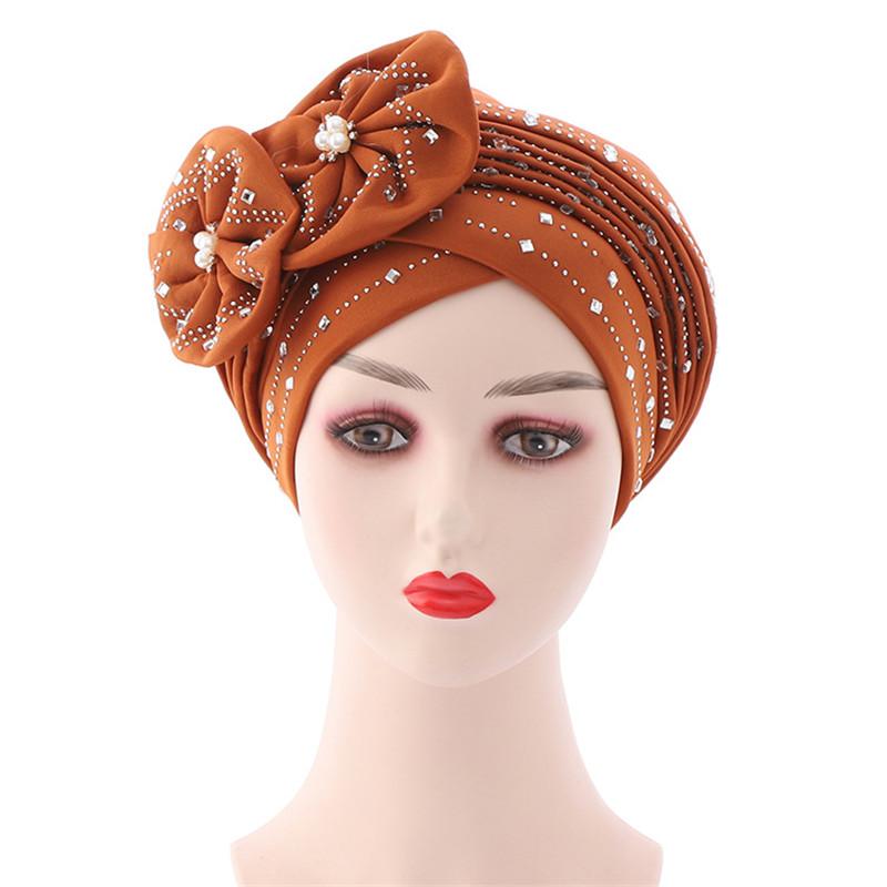 Head Wrap Turban Cap Beanie Flower Decor Rhinestone Headscarf Cap Hair Accessories