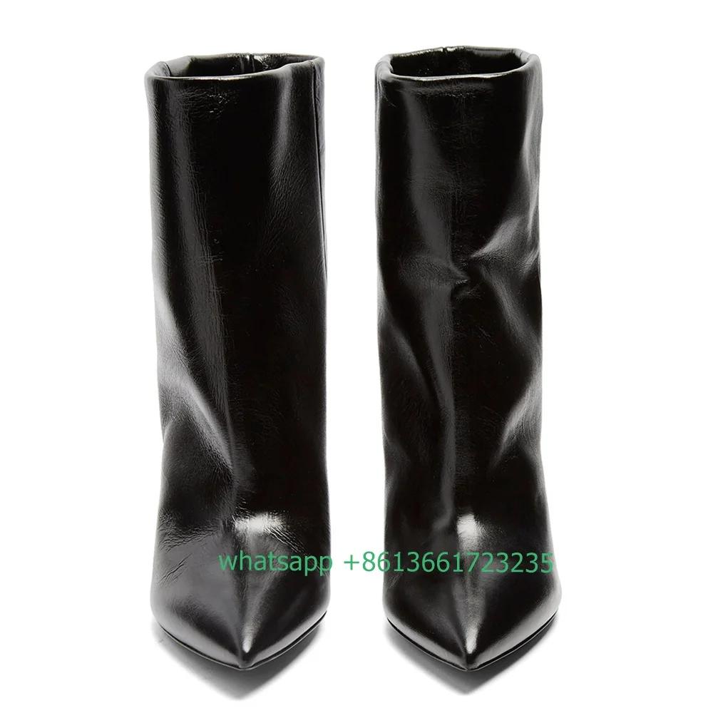 Fashion Black PU Mid Boots Spike Heels Pointed Toe Women Boots Slip On Loose Short Boots 2025 Spring Autumn Fashion Women Shoes Boots