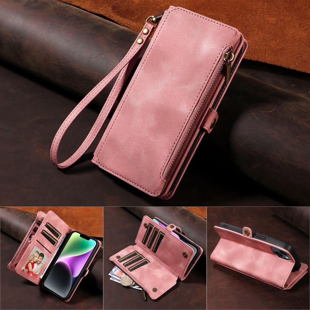 Leather flip wallet case for iPhone 15 Pro Max, Apple 14, Samsung S24 with zipper for ultimate protection.