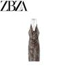 Jnleaog Autumn Women's Clothing European, American and French Style Animal Pattern Print Ruched Halterneck Dress 1165098 042